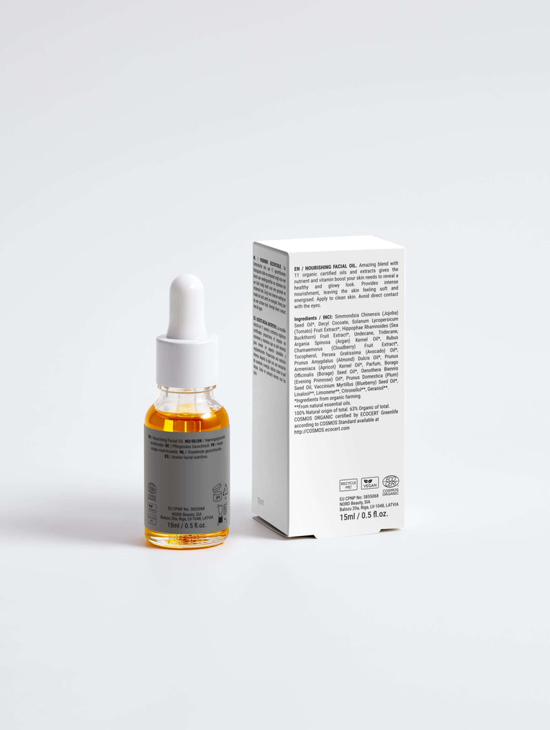 Nourishing Facial Oil 15ml Experience a nutrient-rich boost with our unique blend of 11 organic certified oils and extracts, designed to reveal a healthy, glowing complexion. This private label facial oil delivers intense nourishment, leaving your skin so