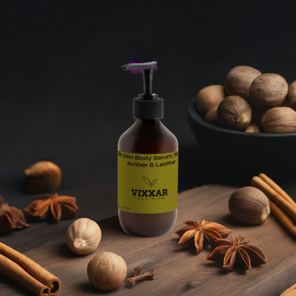 Silk Skin Body Serum – Woody Amber & Leather (270ml) - Vixxar Cosmetiques